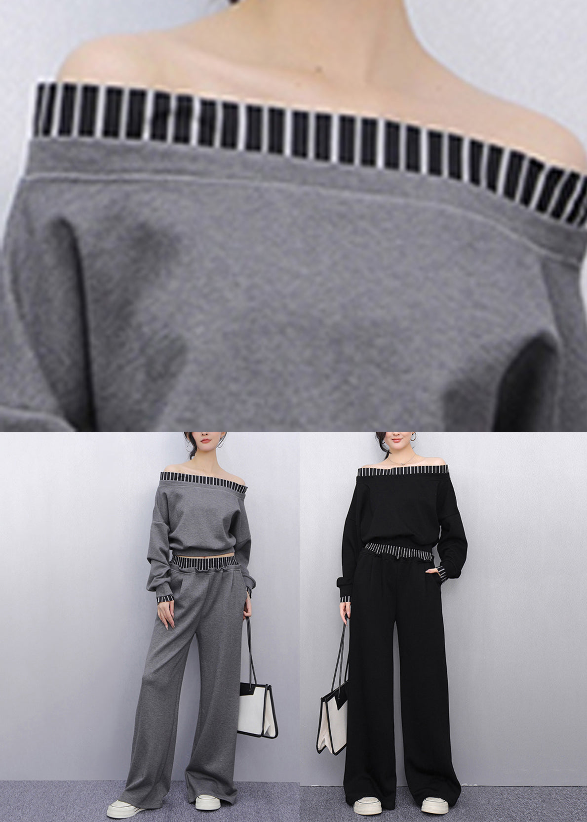 Black Slash Neck Top and Wide Leg Pants Two Pieces Set Fall