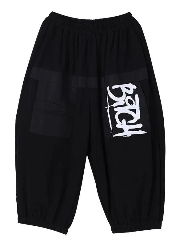 Simple Black Graphic Pockets Pants Summer Cotton