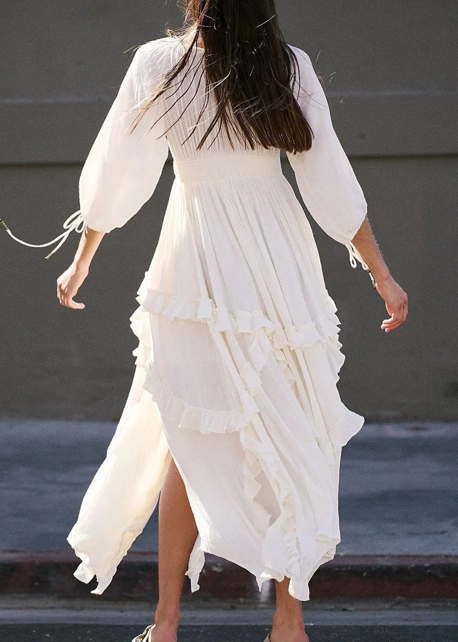 Loose Yellow Ruffled Lace Up Cotton Dresses Bracelet Sleeve