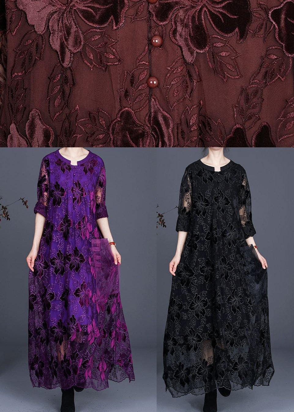 Loose Chocolate Long Lace Dress O Neck Maxi Dress