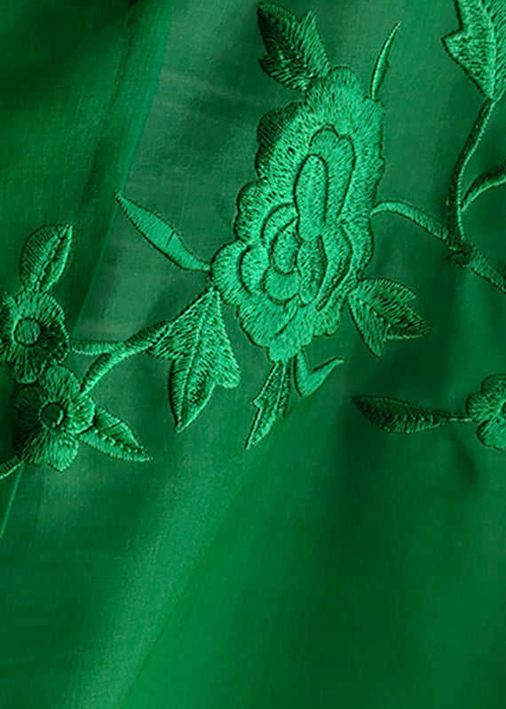 Organza Green O-neck Embroideried Low High Design Silk Mid Dress Long Sleeve