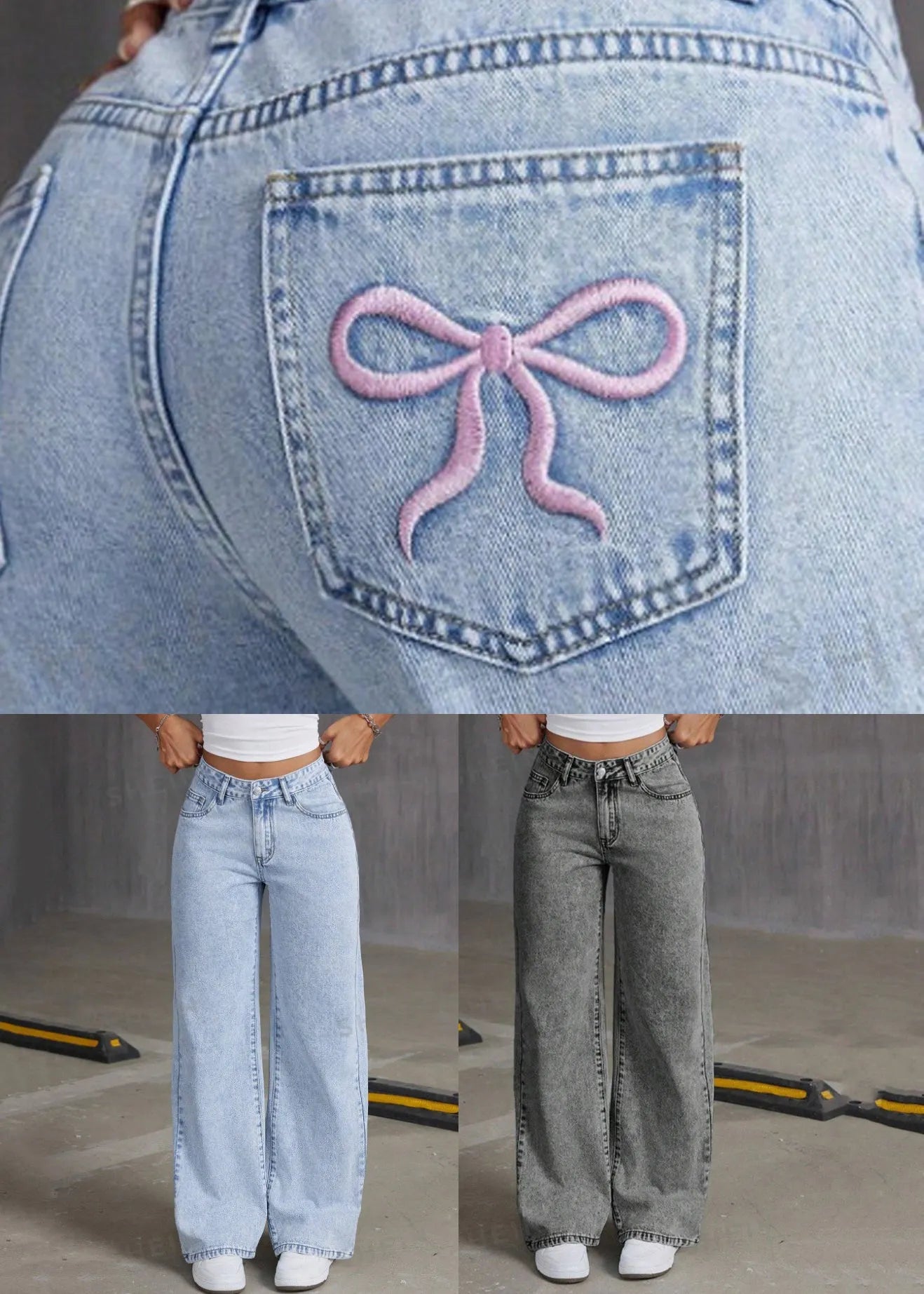 French Blue Pockets Patchwork Wide Leg Denim Pants Spring
