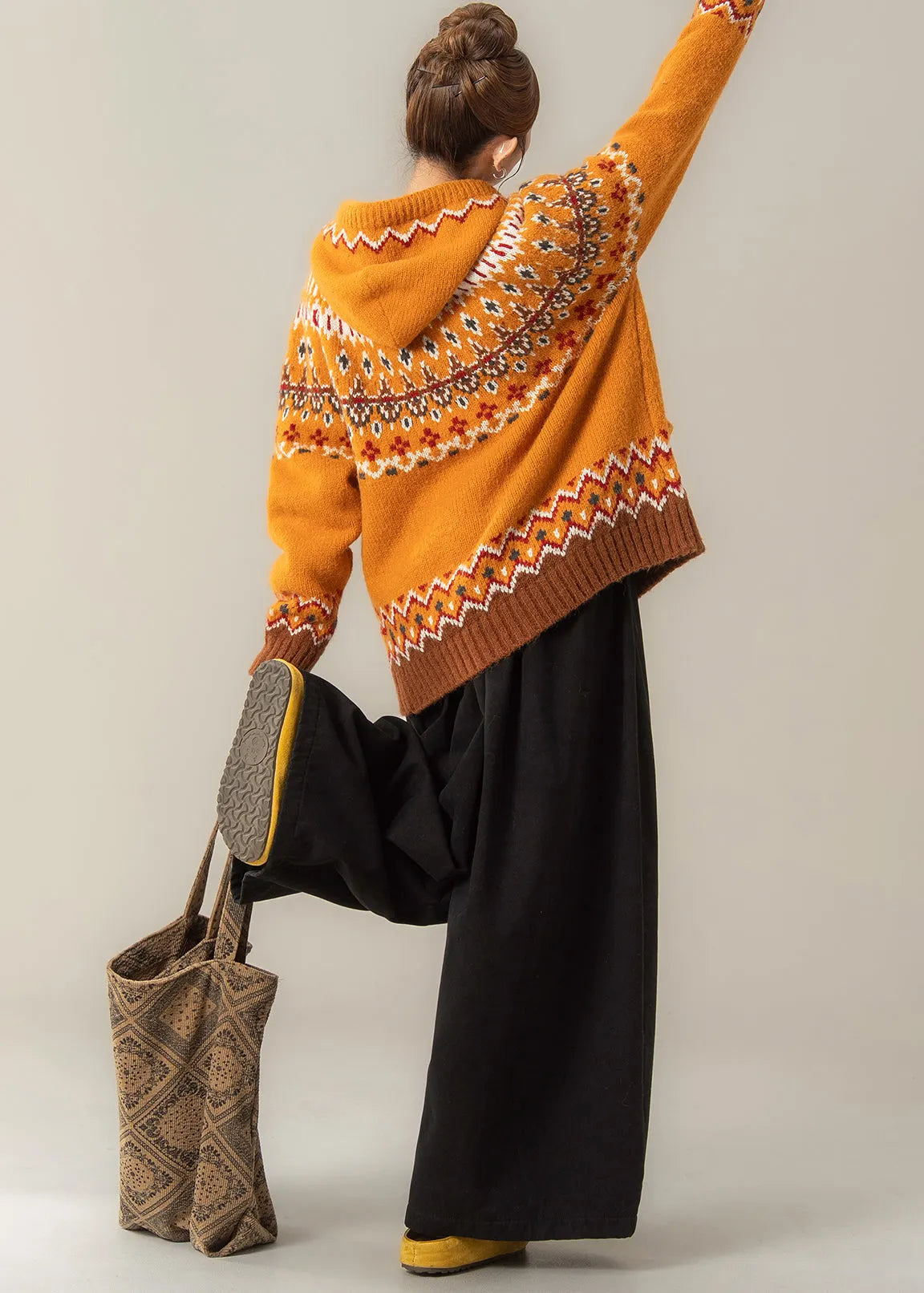 Stylish Orange Jacquard Hooded Knit Coat and Wide Leg Pants Two Pieces Set Spring