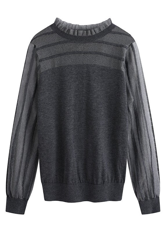 Unique Grey O-neck Ruffled Tulle Patchwork Woolen Top Long Sleeve