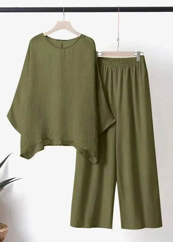 Blue O-neck Asymmetrical T Shirts and Wide Leg Pants Two Pieces Set Short Sleeve