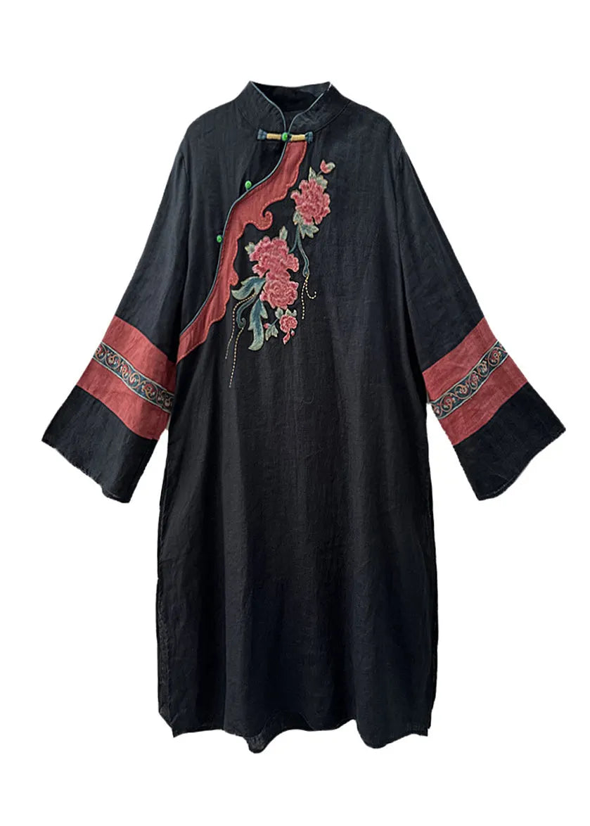 Green Stand Collar Embroideried Linen Holiday Dress Spring