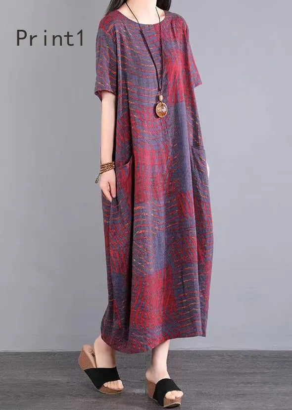 O Neck Print Patchwork Cotton Long Dresses Summer