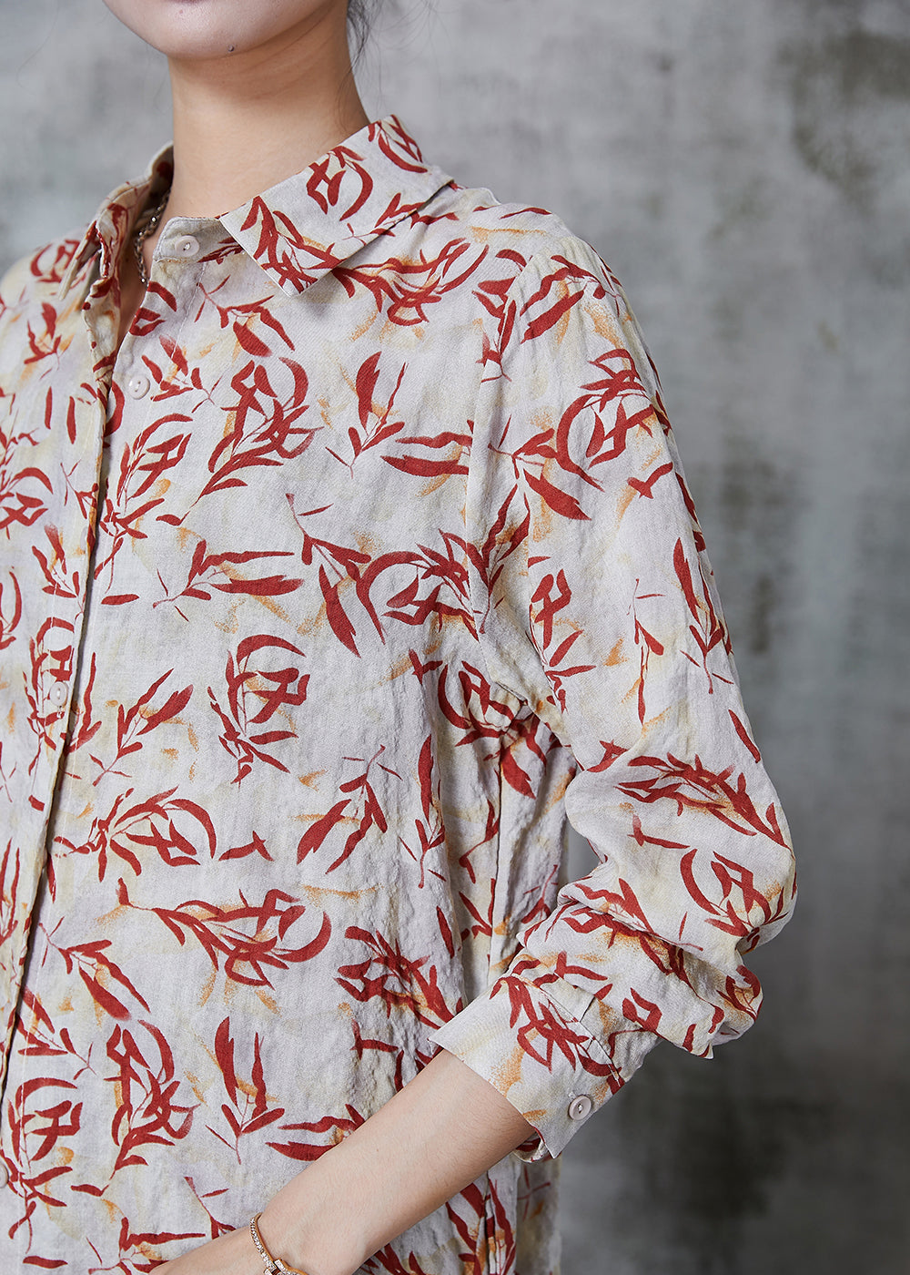 Apricot Peter Pan Collar Print Linen Long Shirts Summer