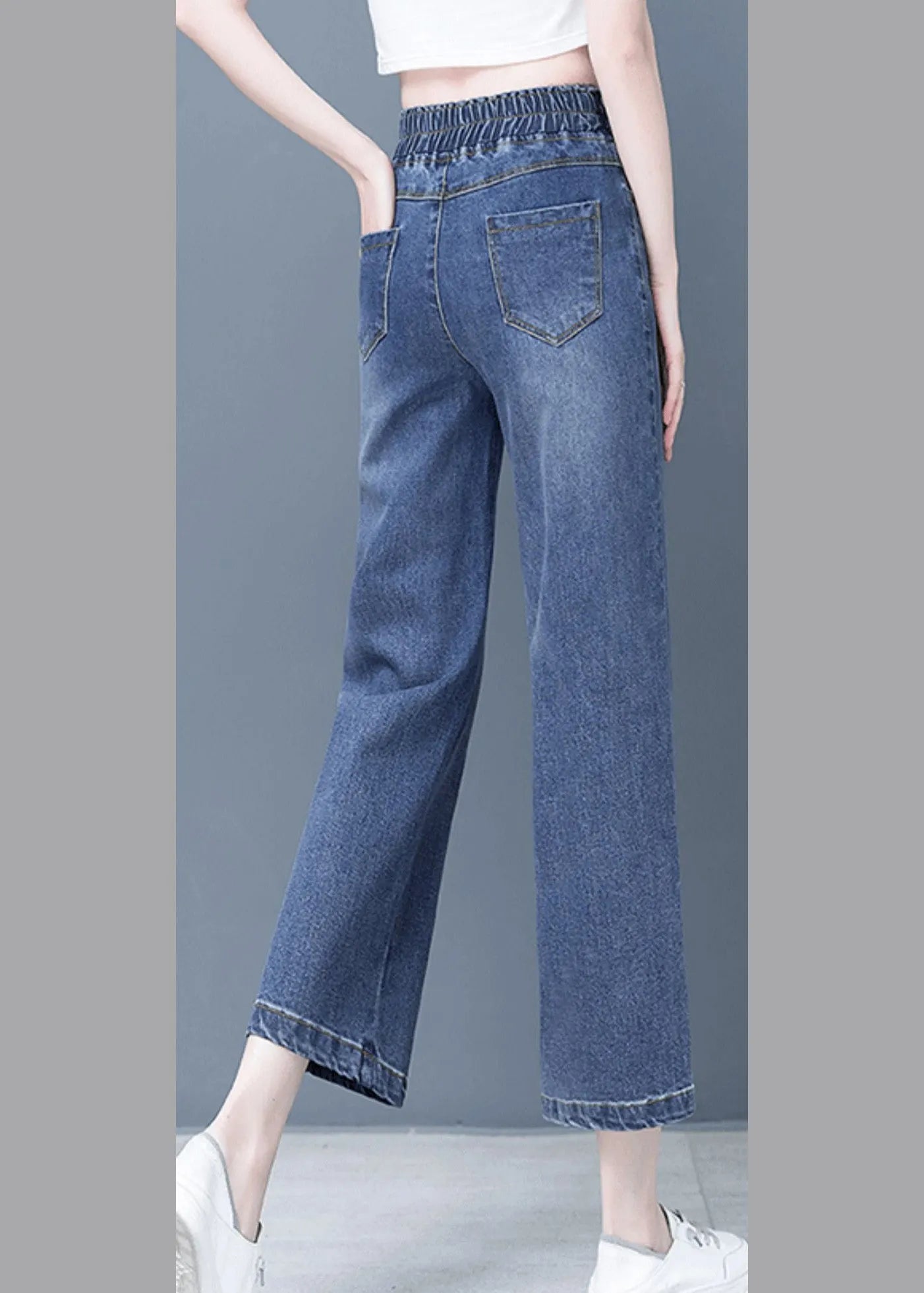 Denim Blue Patchwork Elastic Waist Crop Wide Leg Pants
