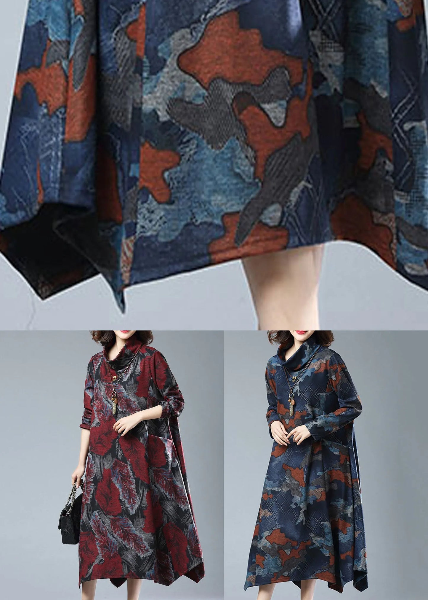 Wine Red Patchwork Cotton Dress Turtleneck Print Pockets Long Sleeve
