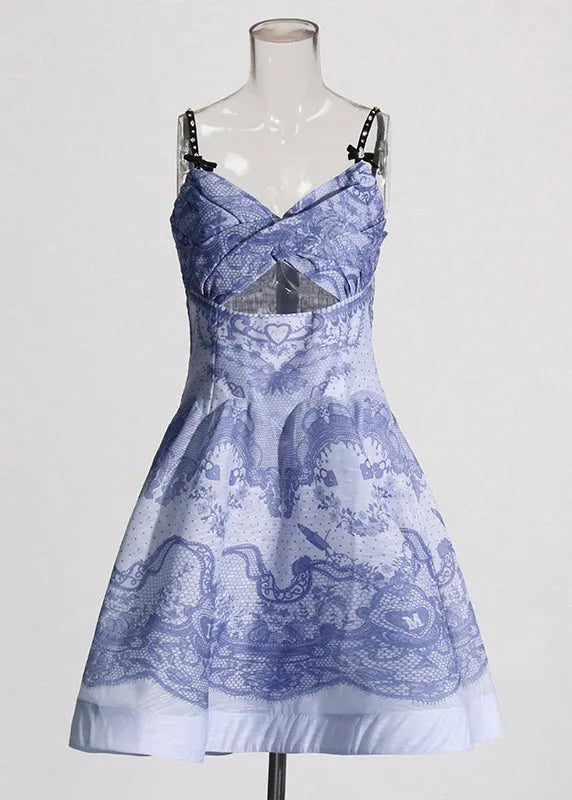 Blue Print Hollow Out Cotton Spaghetti Strap Dress Sleeveless