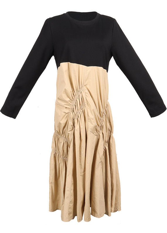 Loose Black Patchwork Khaki Wrinkled Fall Maxi Dress Long Sleeve