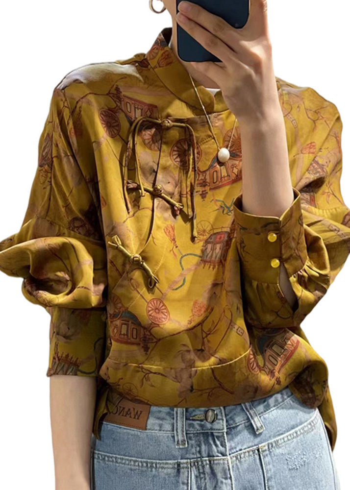 Yellow Button Print Patchwork Silk Shirt Fall
