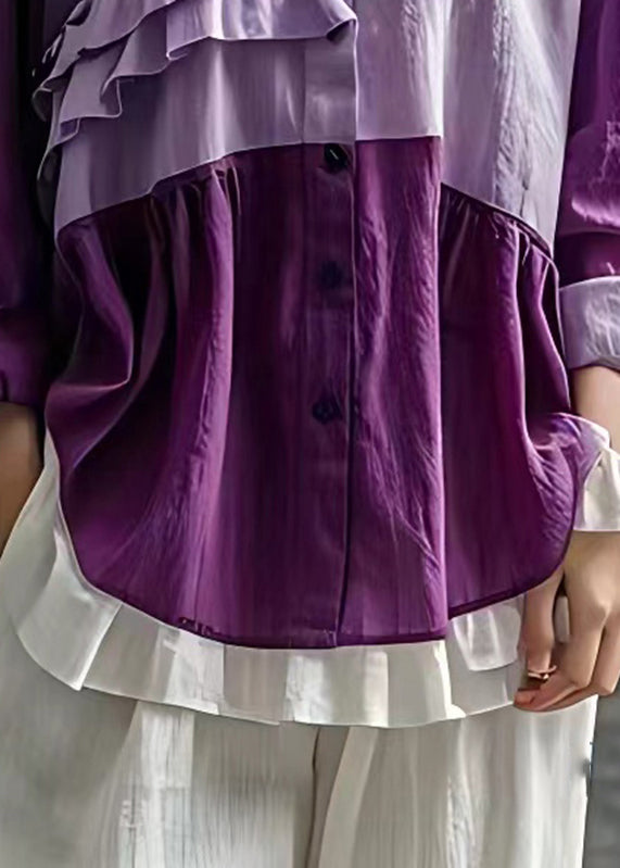 Loose Purple Ruffled Patchwork Button Shirt Long Sleeve