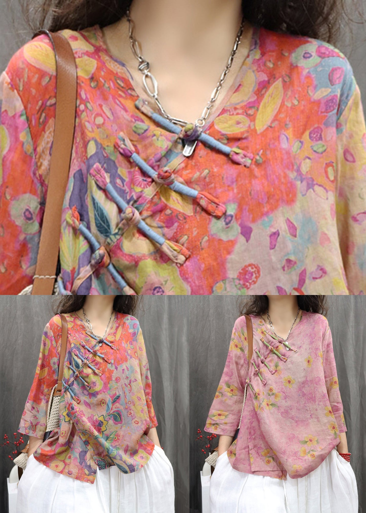 Purple V Neck Chinese Button Linen Shirt Spring