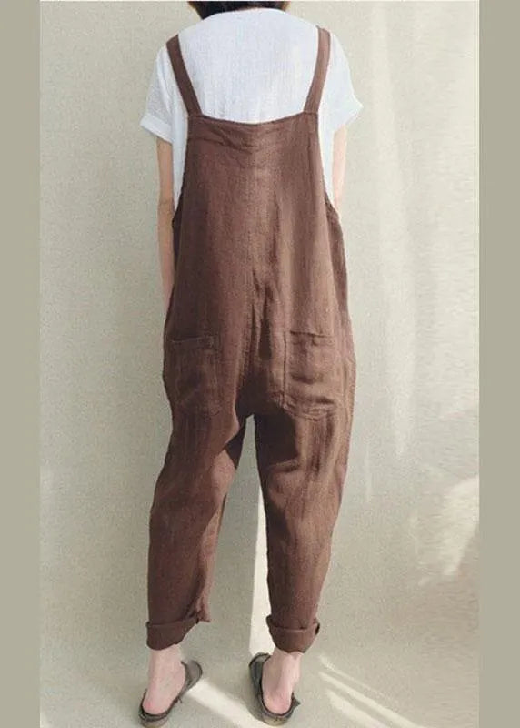 Color Cotton Strappy Pocket Loose Harem Jumpsuit