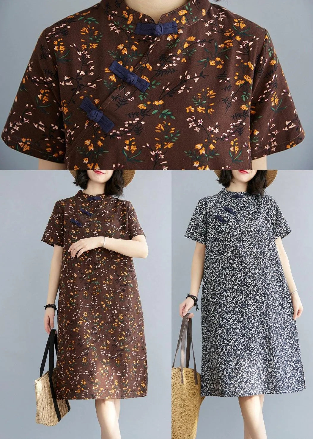 Fitted Blue Print Cotton Side Open Summer Long Dresses