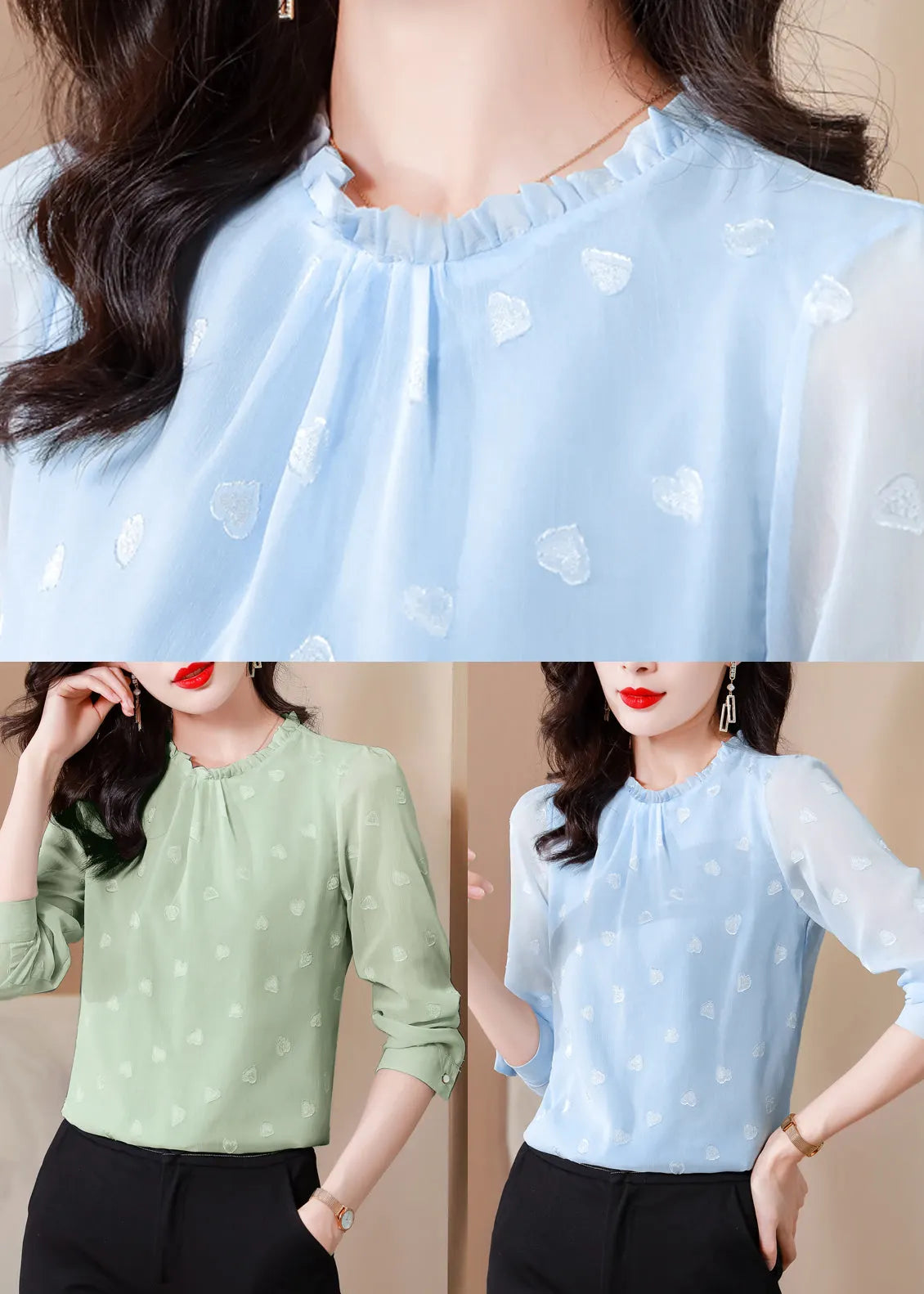 Blue Ruffled Draping Chiffon Shirt Top Spring