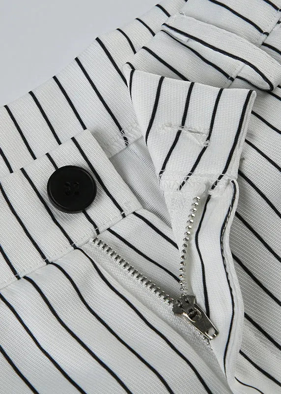 Art Striped Button High Waist Cotton Pants Summer