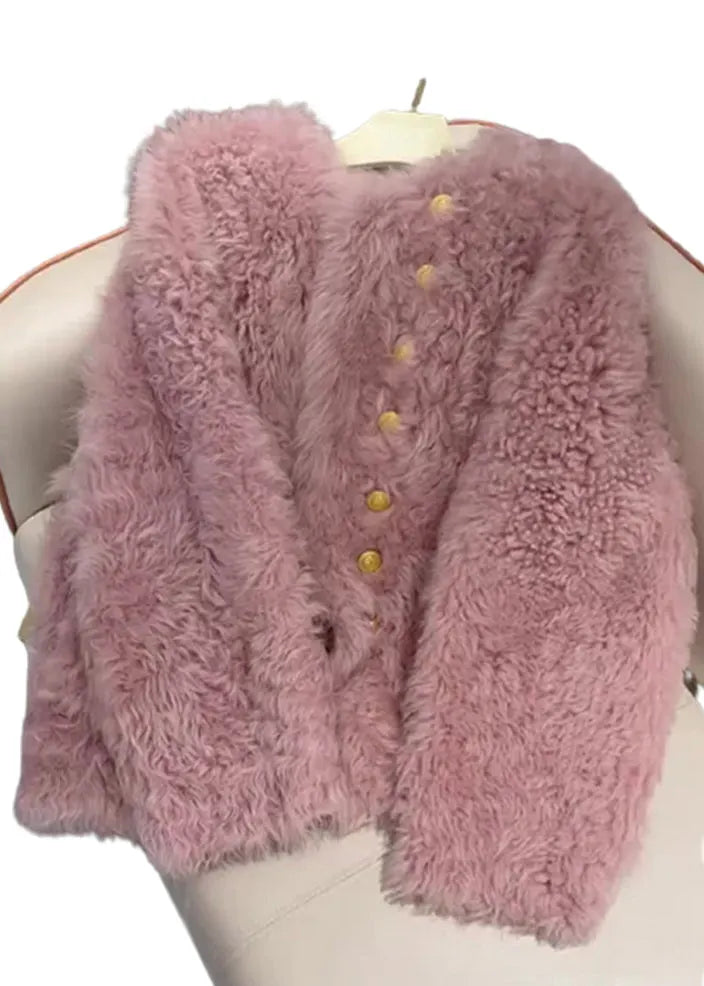 French Pink O-neck Button Faux Fur Coats Spring