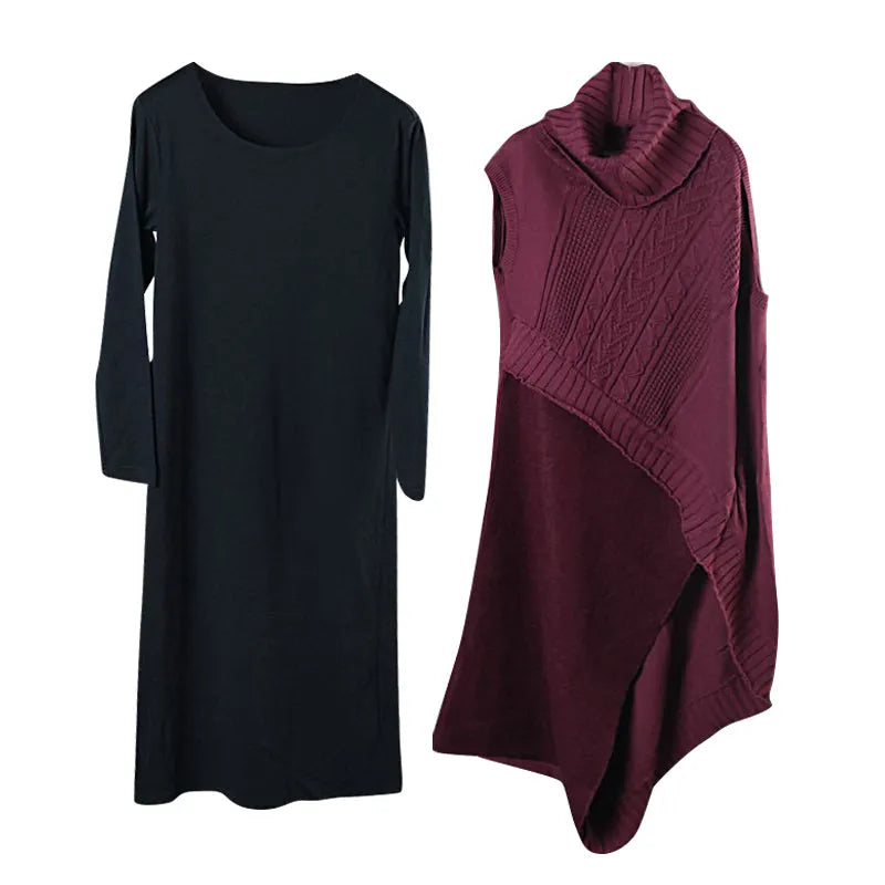 Mulberry Turtleneck Patchwork Asymmetrical Design Fall Two Pieces Set