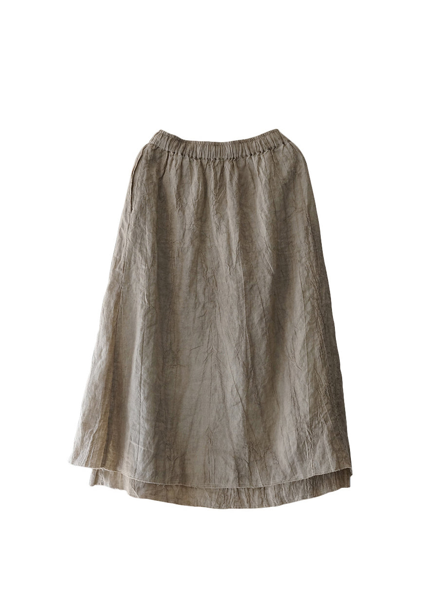 Art Beige Elastic Waist Pocket Double-deck Linen Skirts Spring