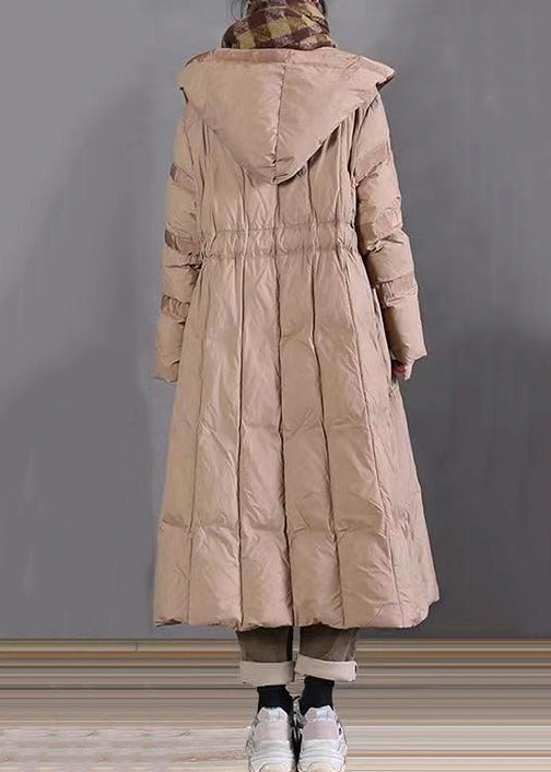 Khaki Hooded Tie Waist Patchwork Duck Down Long Coat Winter