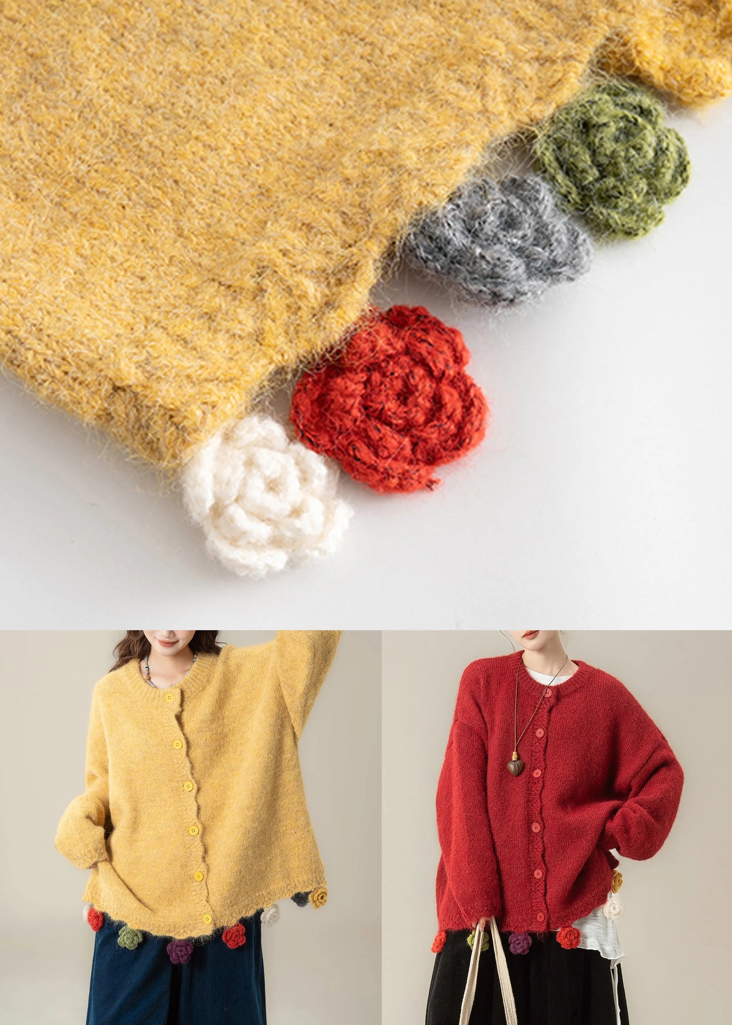 Loose Red O Neck Button Knit Coats Spring