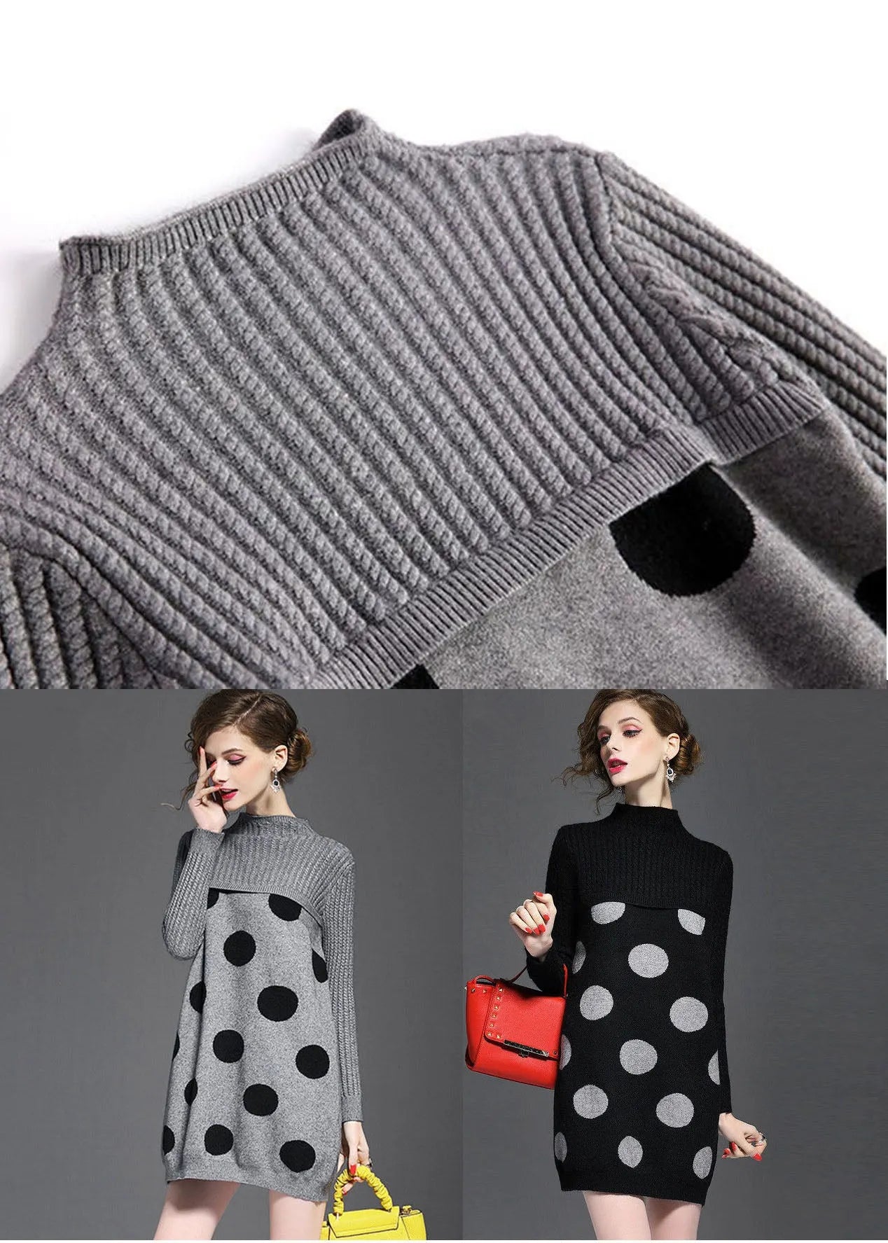Diy Grey Turtle Neck Dot Print Long Knit Dress Long Sleeve