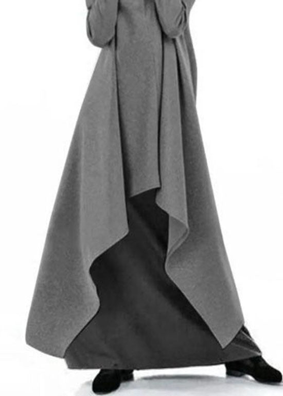 Style Grey Hign Neck Asymmetrical Design Cotton Dress Fall