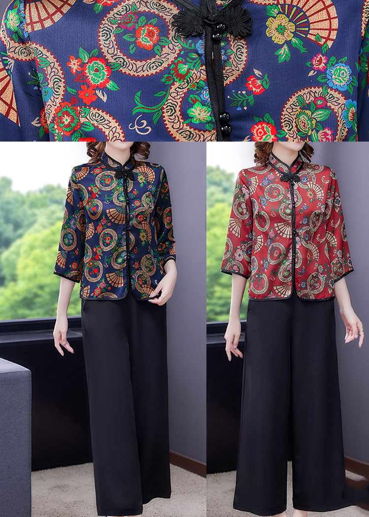 Red Button Stand Collar Print Silk Two Piece Set Clothing Summer