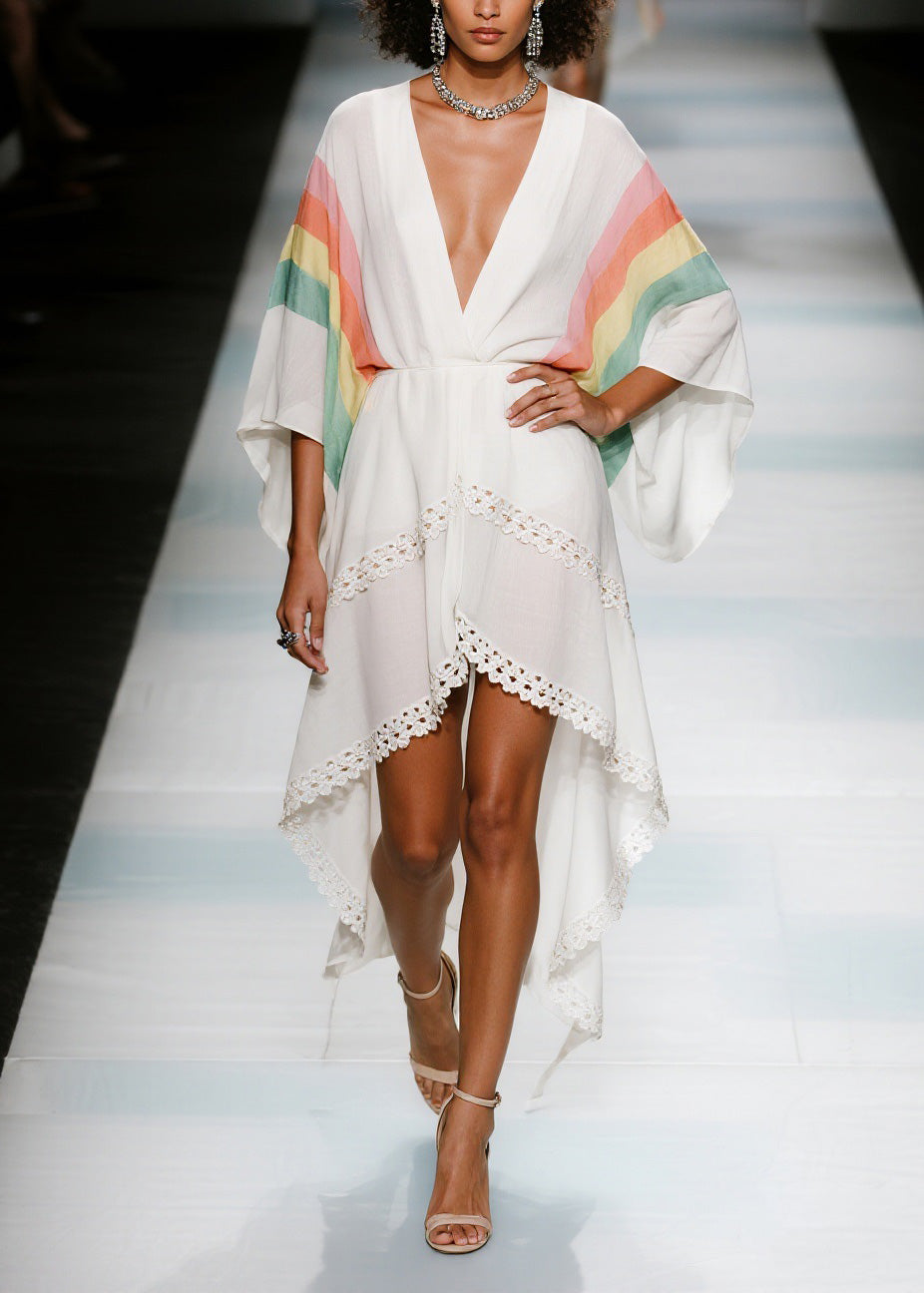 V Neck Asymmetrical Design Patchwork Cotton Dresses Summer