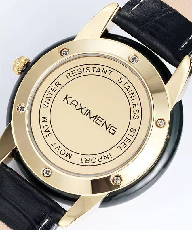 Black Leather Alloy Zircon Inlaid Jade Tempered Glass Waterproof Watch