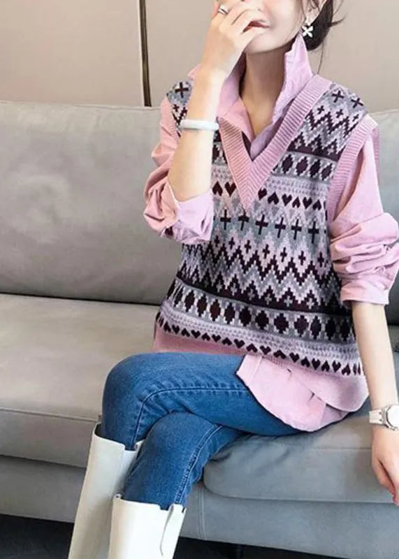 French Pink Peter Pan Collar Shirts and Vest Knit Two Piece Suit Set Fall