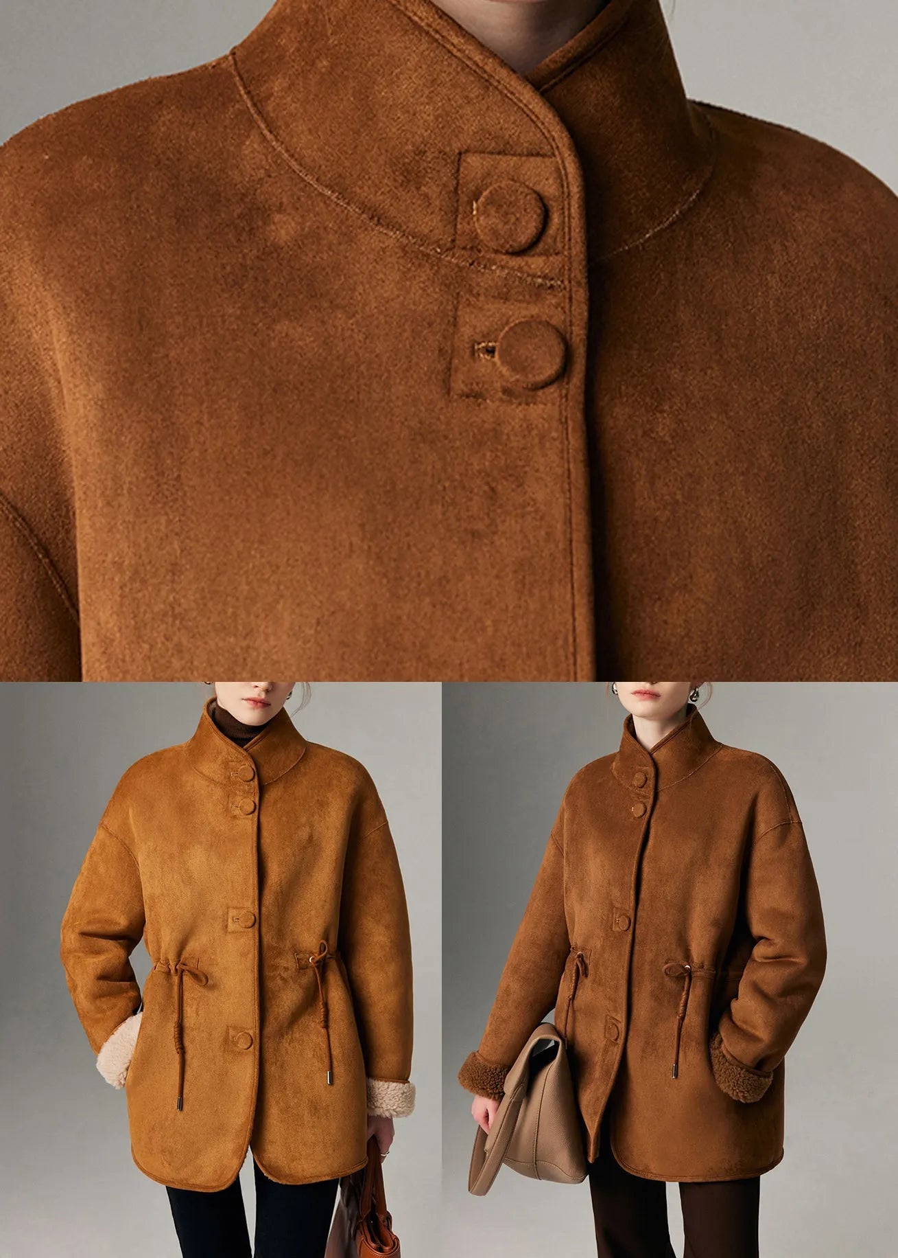 Fine Coffee Stand Collar Pockets Fleece Wool Leather and Fur Lined Coat Winter