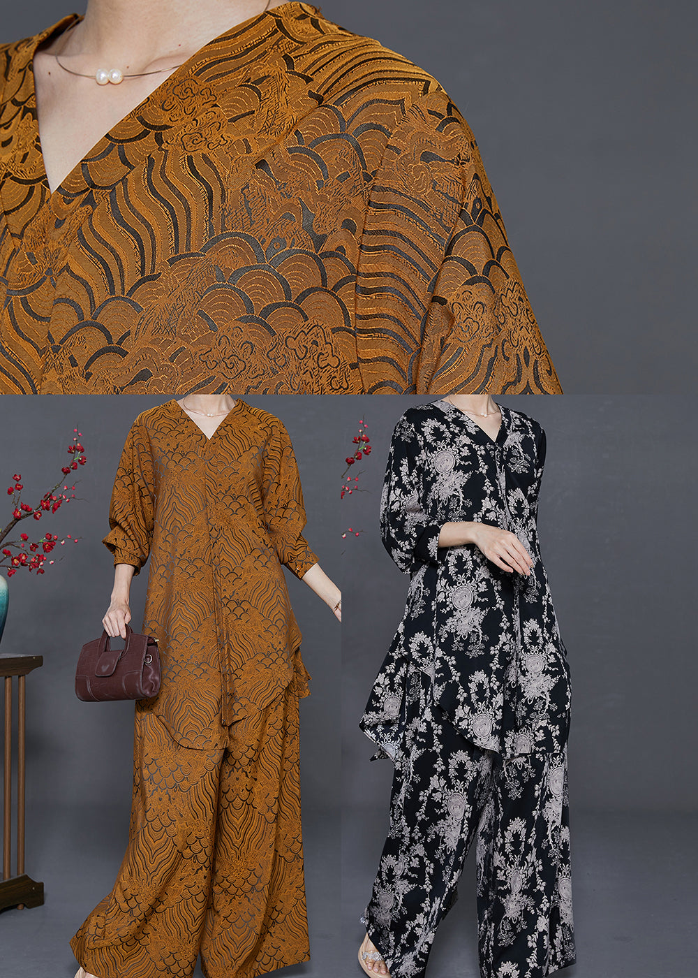 Yellow Oversized Print Silk Two Pieces Set Fall