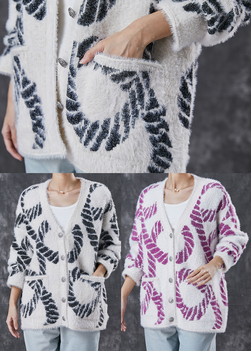 Purple Print Knit Loose Coat V Neck Pockets Spring