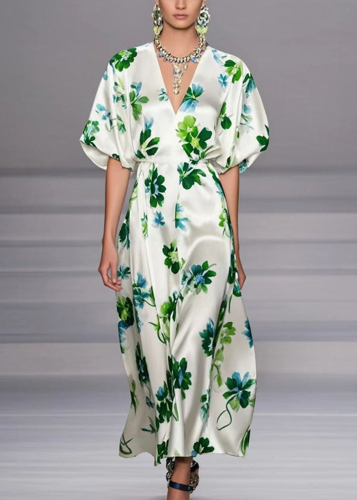 Handmade White V Neck Patchwork Print Silk Dresses Lantern Sleeve Summer