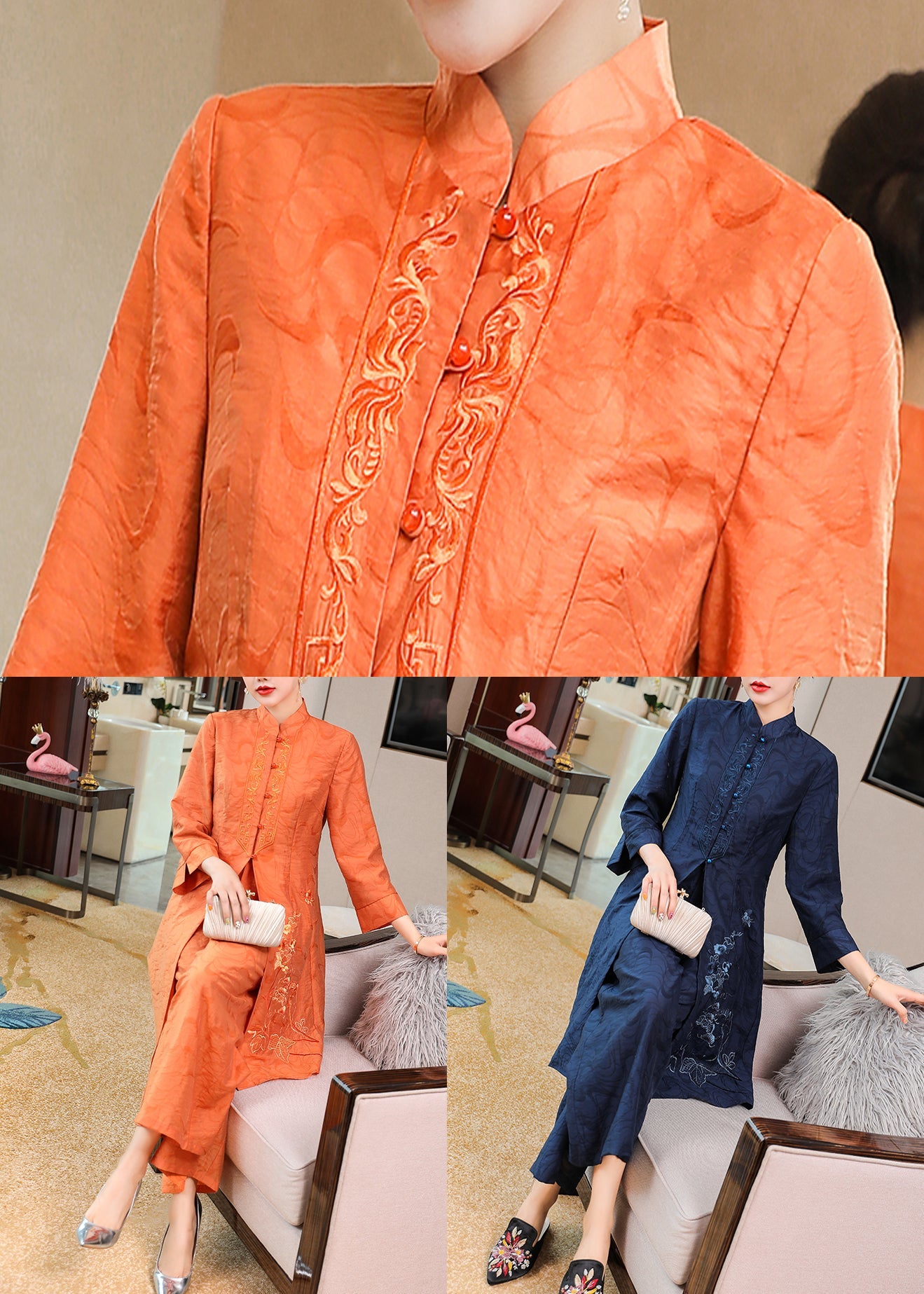 Orange Stand Collar Embroideried Silk Two Piece Set Fall