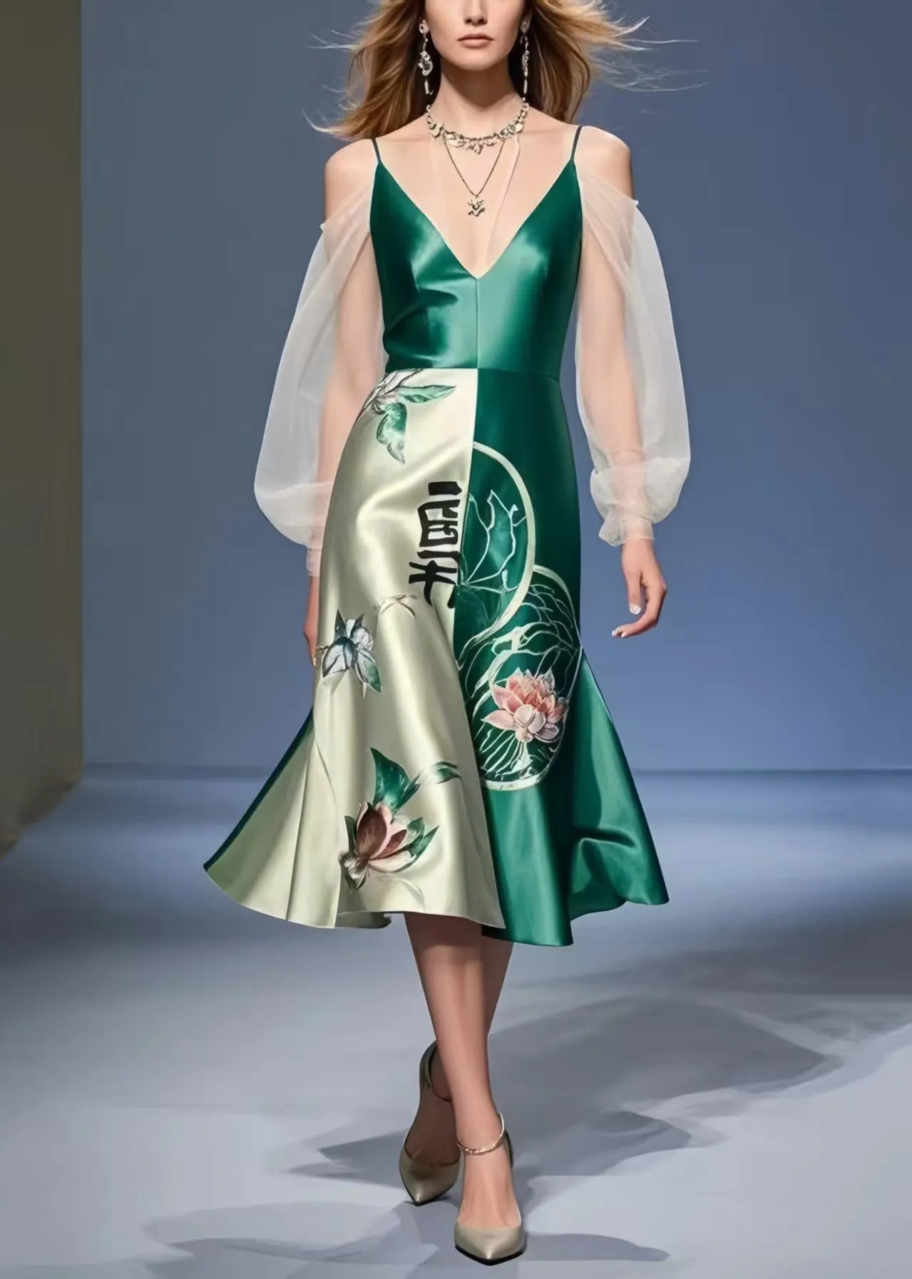 Modern Tea Green Cold Shoulder Patchwork Silk Mini Dress Summer