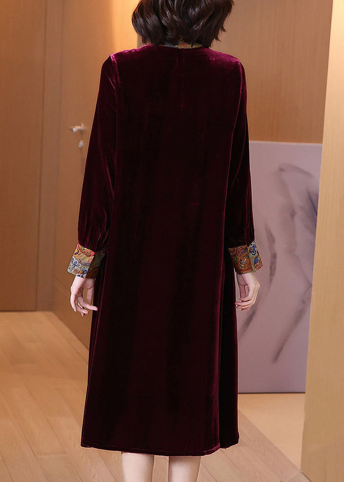 French Wine Red O-neck Pockets Silk Velour Dress Spring