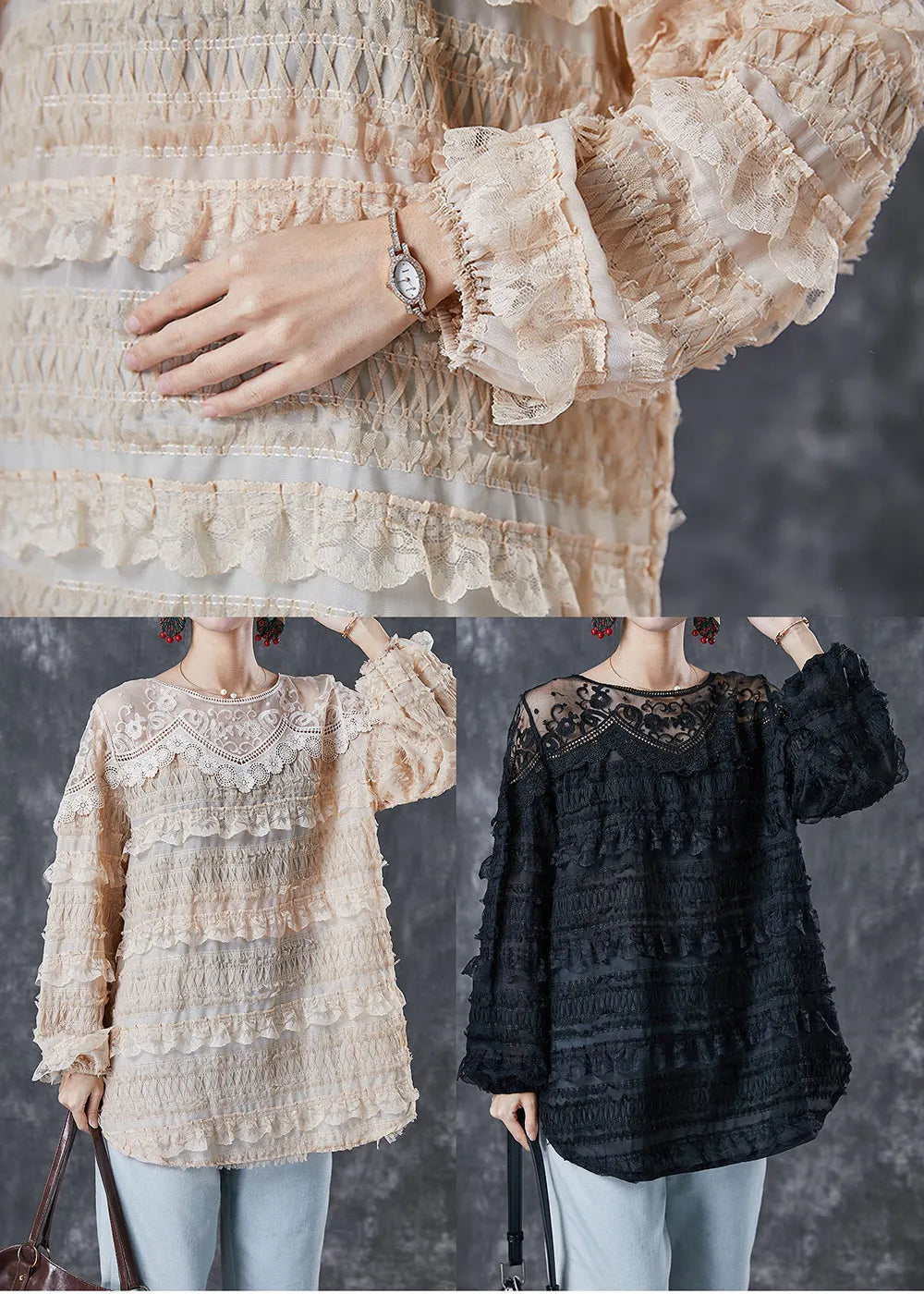 Apricot Patchwork Lace Shirt Tops Ruffled Spring