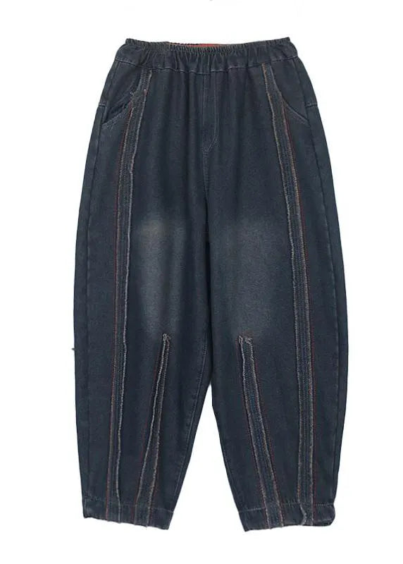 Black Pockets Elastic Waist Warm Fleece Pants Spring