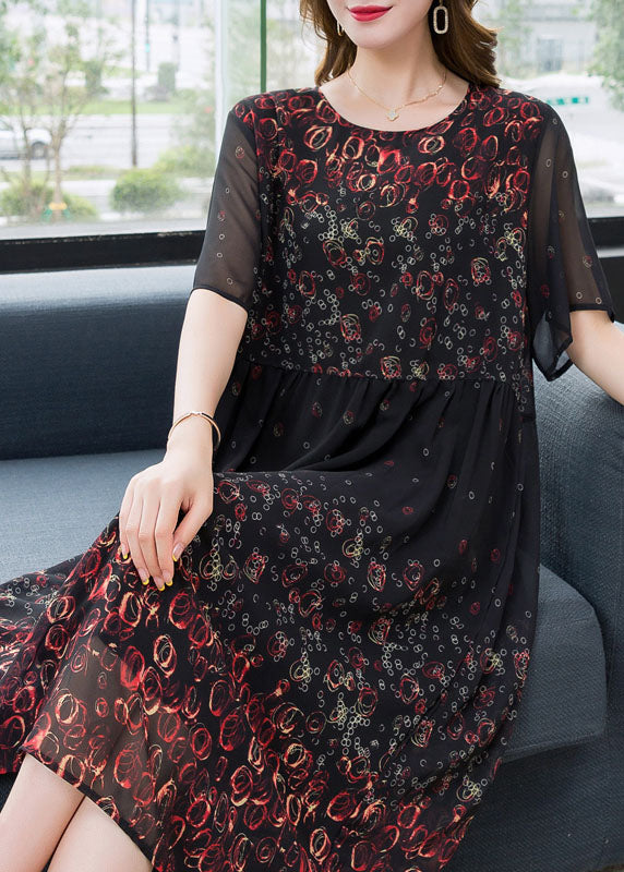 Black O Neck Print Wrinkled Patchwork Chiffon Dress Summer