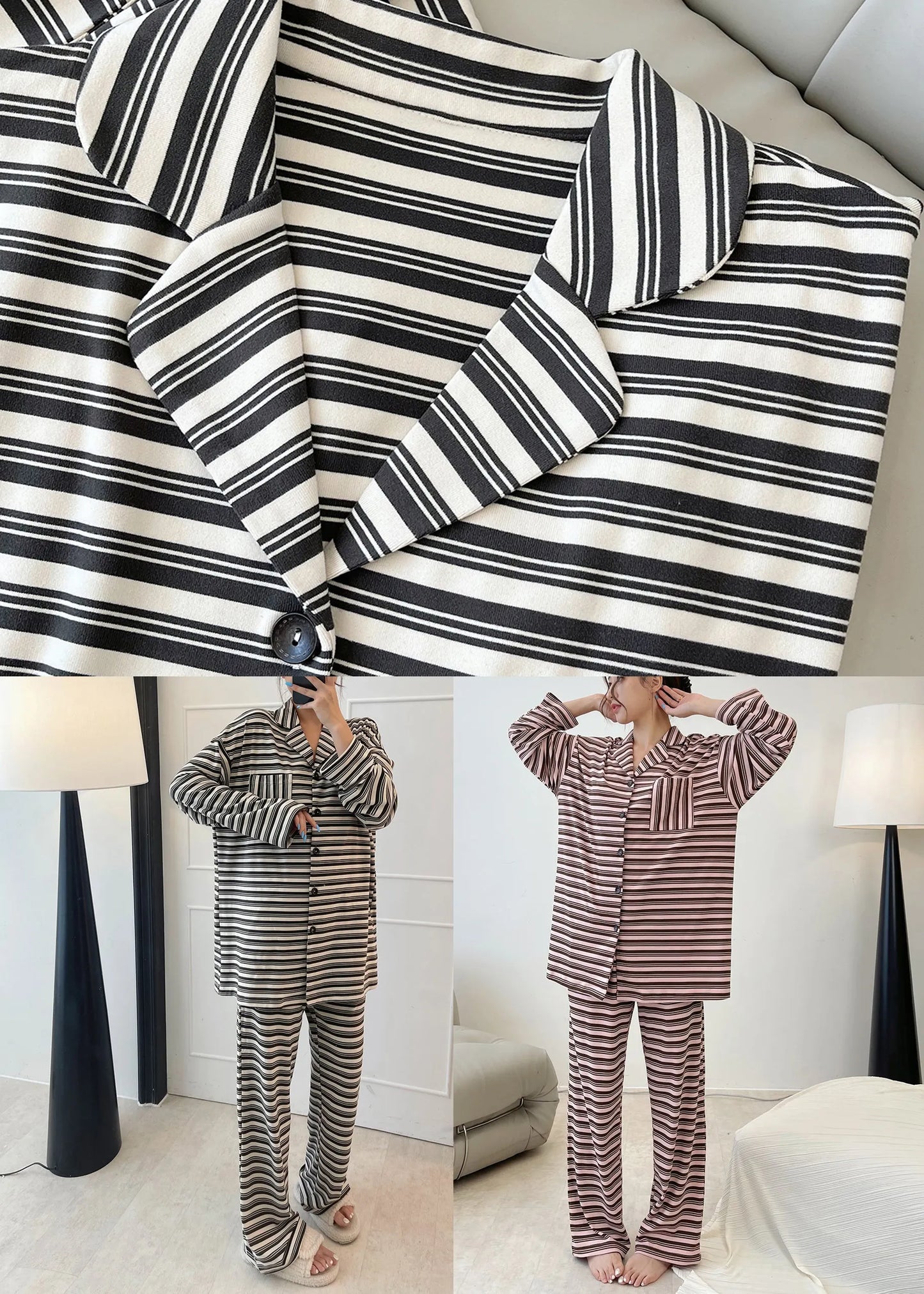 Black Striped Patchwork Cotton Two Piece Set Long Sleeve