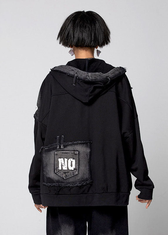 Black Zip Up Pockets Denim Coat Spring