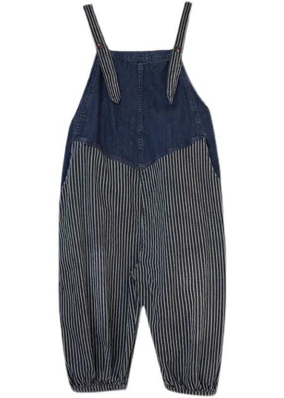 French Navy Striped Pocket Patchwork Denim Overalls Jumpsuit Spring