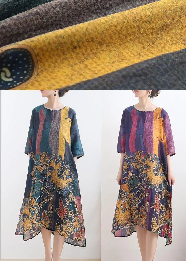 Yellow Green Print Linen O-neck Summer Maxi Dresses