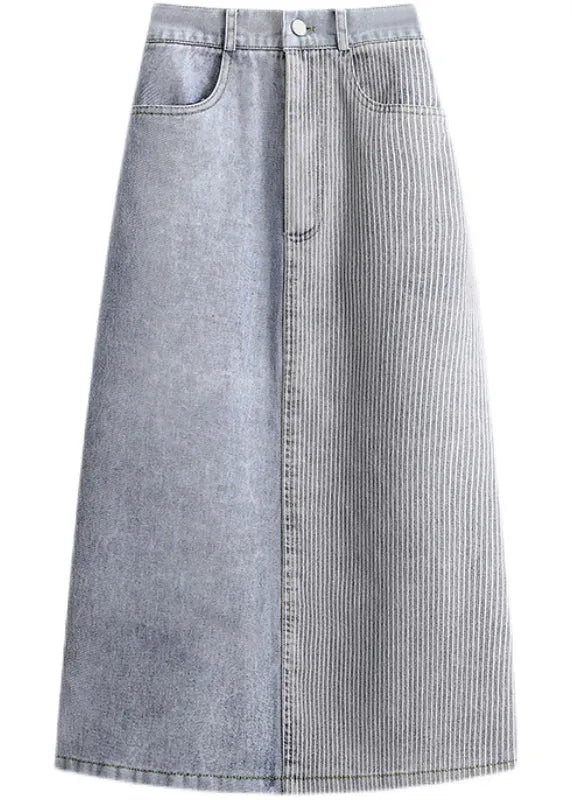 Stylish Light Blue Elastic Waist Patchwork Side Open Denim Skirt Summer