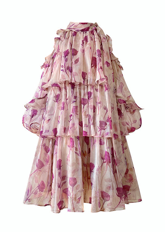 O-neck Print Chiffon Vacation Layered Mid Dress Long Sleeve